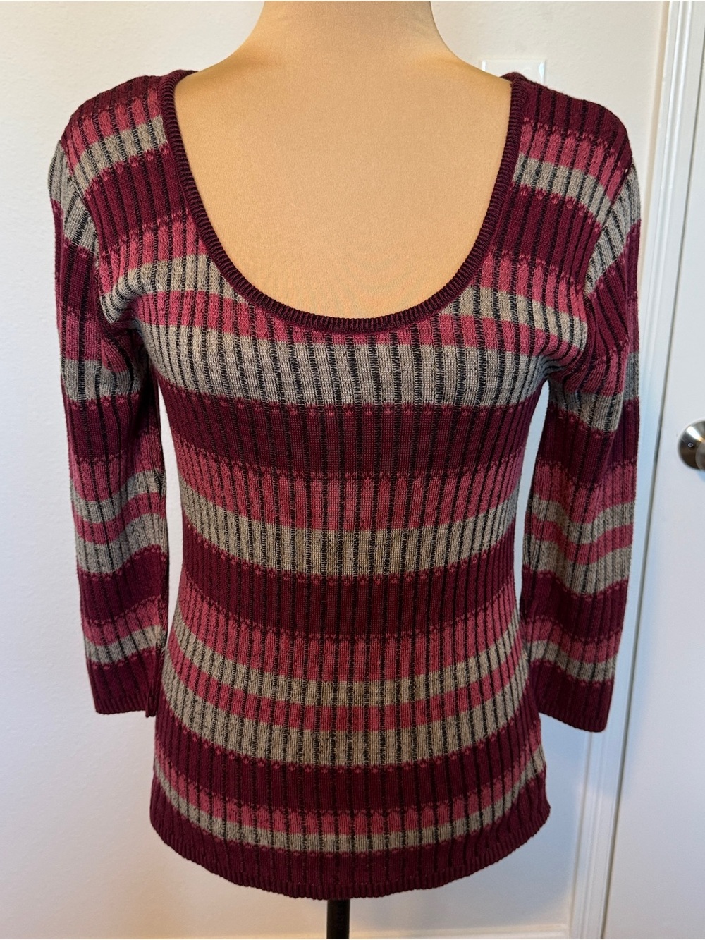 Maurices Striped Scoop Neck Sweater in Wine and Gray